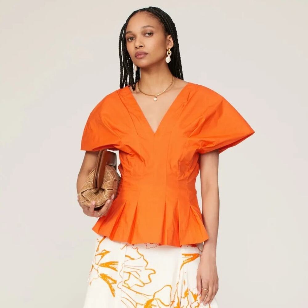 Eudon Choi Collective Top Cotton Poplin Flutter Sleeve V-Neck Peplum Orange 14